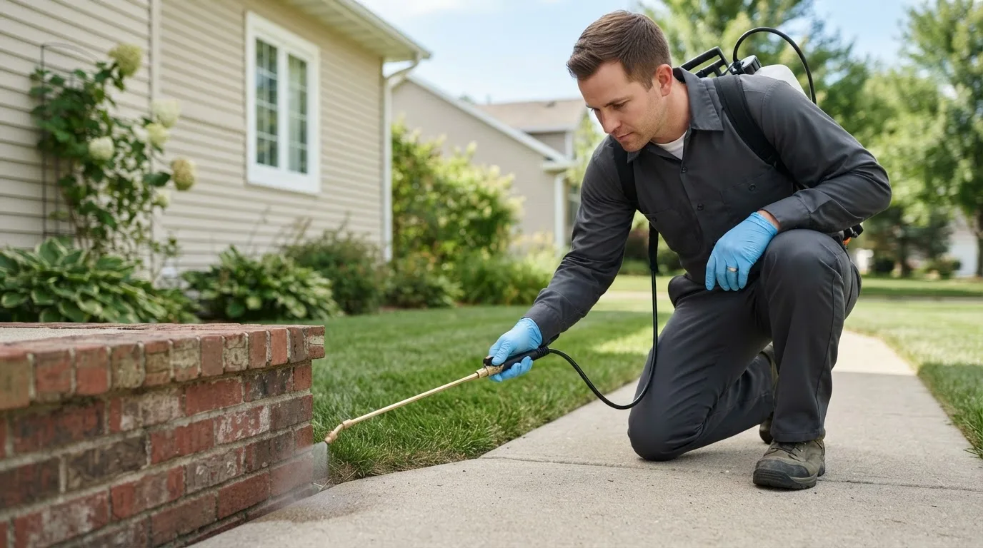 Pest control technician treating a home near Warnock, OH
