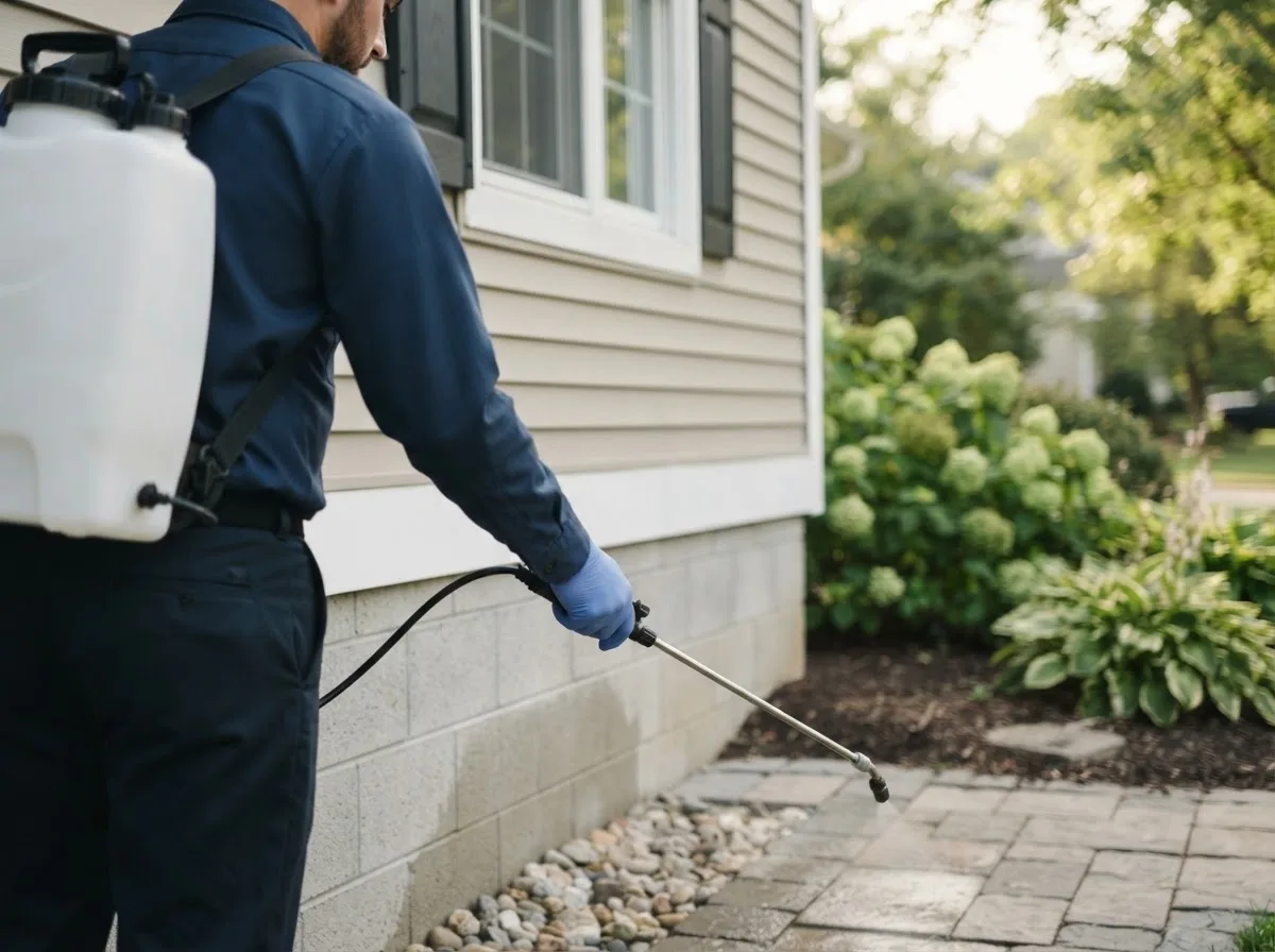 Pest control technician inspecting a home in Warnock, OH